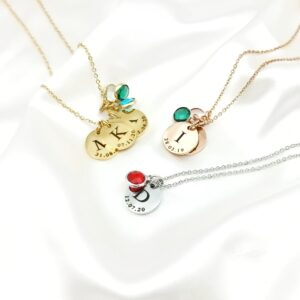 Initial Date Disc Birthstone Necklace